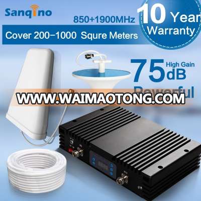 Sanqino 75dB High Gain!!(Can be customized) GSM 850 / 1900MHz Dual Band Mobile Cell Phone Signal Amplifiers Repeater Booster